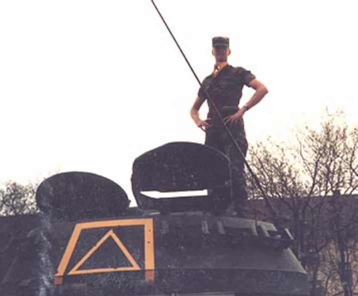 may0603_TS56.jpg - Todd Stach - E Troop - Daley - 1986 - Getting ready for a vehicle display at Daley. Good view of the E Troop tac symbol.