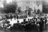 During a parade through town, crowds assemble by the recognizable Bad Kissingen Main Theater During a parade through town, crowds assemble by the recognizable Bad Kissingen Main Theater